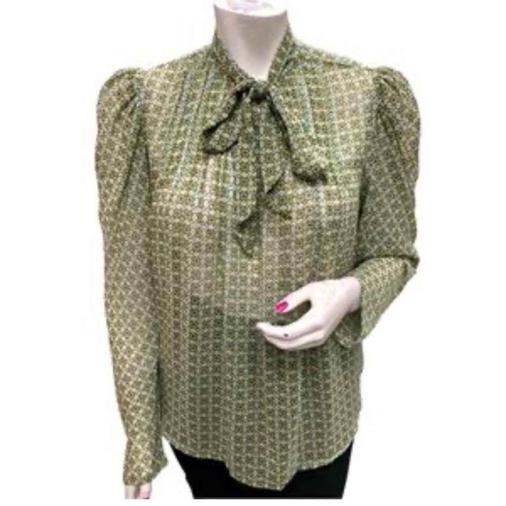 Joie Olive green geometric Patterned Blouse semi sheer size Large